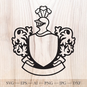 Escudo con casco de caballero, flores y cinta en forma de estandarte SVG. Escudo de armas SVG. Escudo familiar, plantilla de logotipo.