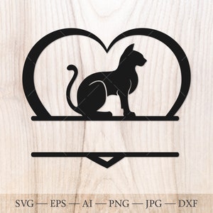 Chat coeur SVG, chat Split nom cadre SVG, chat monogramme coupe fichier. Chat amour svg clip art, svg tête de chat, félin SVG, clipart chat