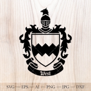 West Family crest SVG. Coat of arms svg. Heraldic shield, knight helmet and floral ornaments SVG.