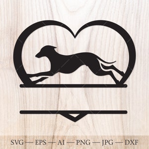 Hondenhart SVG, hond gesplitste naam frame SVG, hond monogram gesneden bestand. Hond liefde svg-illustraties, rennende hond svg clipart