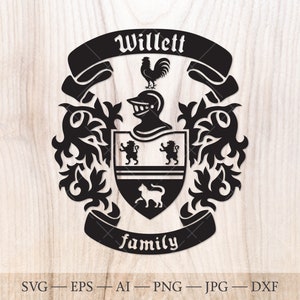 Willett Family crest. Coat of arms svg. Heraldic shield with lions, cat and stripes, ribbon banners SVG.