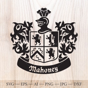 Mahoney Family crest. Coat of arms svg. Heraldic shield with lions and snakes, ribbon banner SVG.