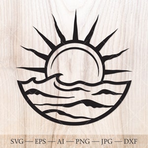 Sun and ocean waves SVG Cut File. Sunset over ocean svg. Sunrise svg, Sunset svg, sea svg, sunset on water svg.