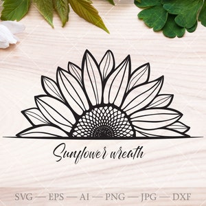 Demi tournesol SVG. Monogramme de tournesol fendu. Clipart de silhouette de tournesol. Contour de tournesol floral botanique