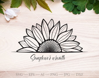 Monograma de girasol dividido SVG, clipart de contorno floral (descarga digital)
