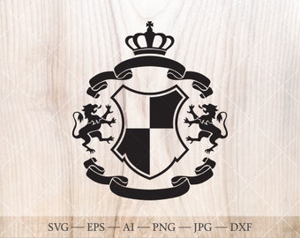 Schild met leeuwen, kroon en linten SVG. Familiewapen, logo sjabloon. Wapenschild svg.
