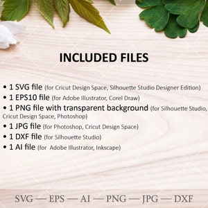 May include: A list of digital files included in a design bundle. The files are in SVG, EPS, PNG, JPG, DXF, and AI formats. The text "INCLUDED FILES" is at the top of the image.