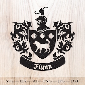 Brasão da família Flynn. Brasão de armas SVG. Escudo heráldico com lobo SVG.