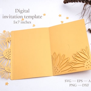 Modèle SVG 5 x 7 d'invitation de poche de mariage tournesol Cricut SVG. Carte en papier découpée en trois volets avec tournesol. Téléchargement numérique Couper le fichier