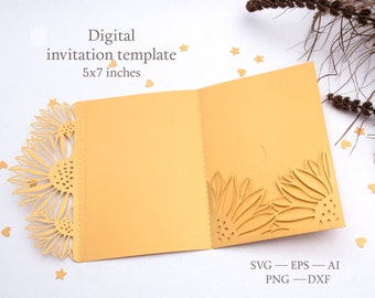 Cricut SVG Sonnenblume Hochzeit Tascheneinladung 5x7 SVG Vorlage. Dreifach gefaltete, gestanzte Papierkarte mit Sonnenblume. Digitaler Download Schnittdatei