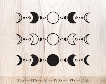 May include: Three black and white moon phase designs with a star and diamond accents. The top design has a white circle, the middle design has a white circle, and the bottom design has a black circle.