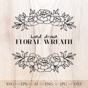 Handgezeichnete Pfingstrose Blumen Kranz svg. Pfingstrose Blumenstrauß Clipart. Hochzeitseinladung, Blumen Monogramm Rahmen.