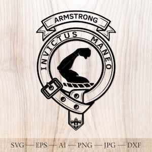 May include: Black and white illustration of a heraldic crest with a raised arm and fist. The crest is surrounded by a circle with the text "INVICTUS MANEO" and a banner above with the text "ARMSTRONG".