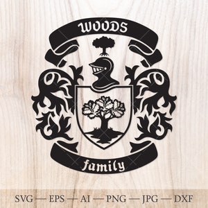 Woods Family crest SVG file. Coat of arms svg. Shield with oak tree on a hill, ribbon banners SVG.
