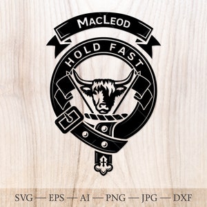 マクラウド家の紋章バッジ SVG、スコットランド一族 SVG、家紋 SVG。紋章 SVG。バックル付きスコットランド紋章ベルト SVG。一族の紋章 SVG