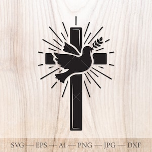 Flying Dove with Olive Branch and Christian Cross SVG. Religious Faith svg. Cross emblem clipart. Spiritual Christian crest logo.