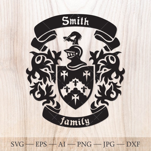 Smith Family crest. Coat of arms svg. Heraldic shield with fleur de lys and crosses, ribbon banners SVG.