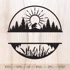 Sol, lago y bosque Monograma SVG, Archivo de corte SVG de marco de nombre dividido de bosque. Amanecer svg, Bosque svg. al aire libre