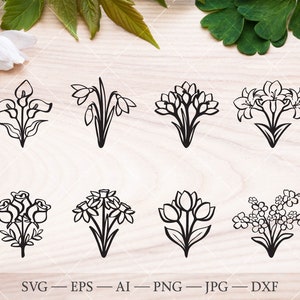Silhouet lente bloemen boeketten SVG. Verjaardag bloem clipart. Tulp, krokus, vergeet-mij-nietje, narcis