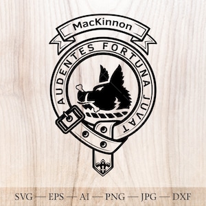Insigne d’écusson MacKinnon SVG avec sanglier, clan écossais svg, écusson familial svg. Armoiries svg. Ceinture écossaise avec boucle SVG. Crête de clan svg