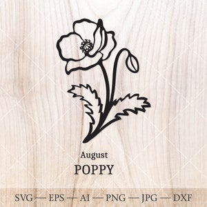 Coquelicot SVG, août naissance fleur SVG. Dessin de coquelicot de fleur de mois de naissance. Clipart de fleur d'anniversaire