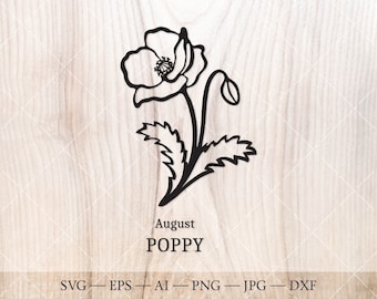 May include: Black and white line art illustration of a poppy flower with a bud. The text "August POPPY" is below the flower.