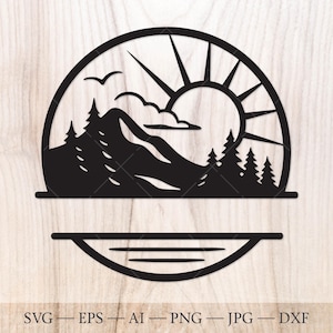 Mountain, sun, lake and forest Monogram SVG, Forest Split Name Frame SVG Cut File. Mountains svg, Forest svg. Outdoors svg