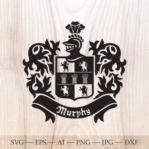 Murphy Family crest. Coat of arms svg. Heraldic shield with lions and sheafs, ribbon banner SVG.