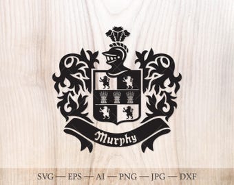 Murphy Family crest. Coat of arms svg. Heraldic shield with lions and sheafs, ribbon banner SVG.