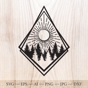 Sole e foresta SVG. Silhouette di albero svg Cut File. Tramonto paesaggio svg, Pino svg, Bosco svg. Esterno svg. Foresta sempreverde svg