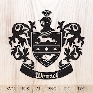 Wenzel familiewapen SVG. Wapenschild svg. Heraldisch schild met sterren, twee rennende windhonden, helm en lintbanner SVG.