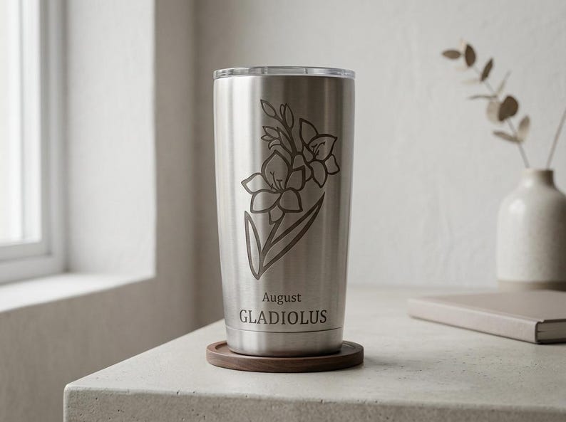 May include: A stainless steel tumbler with a floral design of a gladiolus flower. The text "August GLADIOLUS" is etched below the flower. The tumbler sits on a wooden coaster. A vase with a plant is in the background.
