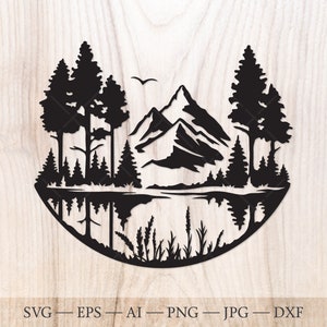 Mountain lake and forest landscape scene SVG Cut File. Mountains svg, Forest svg. Outdoors svg