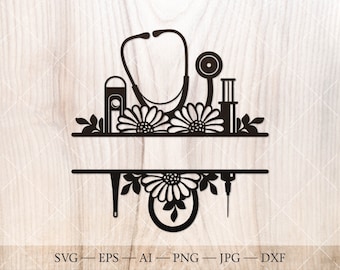 分割された看護師の花のモノグラム フレーム SVG、看護師 SVG、聴診器、注射器、体温計付きの医師のモノグラム フレーム、シャツ用のカット SVG ファイル