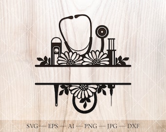 Split infirmière floral monogramme cadre svg, infirmière SVG, cadre monogramme médecin avec stéthoscope, seringue et thermomètre, fichier SVG coupé pour chemise