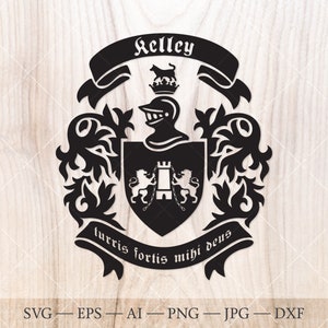 Stemma della famiglia Kelley. Stemma svg. Scudo araldico con leoni e torre, stendardi a nastro SVG.