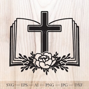 Otwórz Biblię SVG, Kwiatowy Krzyż SVG. Religijna Wiara SVG. Chrześcijański clipart. Duchowy Chrześcijański SVG