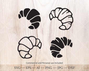 Croissant SVG. Hand drawn croissant silhouette svg. Pastry and bakery die cut file svg bundle. Breakfast svg