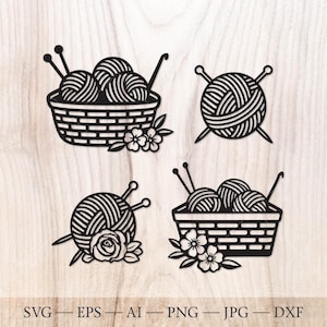 Puede incluir: Ilustraciones en blanco y negro de ovillos de lana, cestas, ganchillos y flores. La imagen incluye cuatro diseños diferentes, perfectos para proyectos de manualidades. La parte inferior de la imagen incluye los tipos de archivo: SVG, EPS, AI, PNG, JPG y DXF.