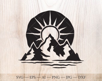 Mountains, sun and water SVG Cut File. Mountains sunset svg, mountain range svg, Outdoors svg. Geometric Mountains scene svg