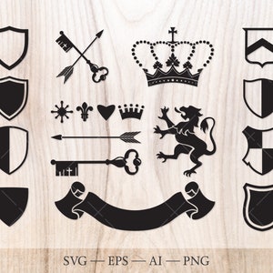 Shield SVG clipart set. Crown, lion, arrow, key svg. Heraldry svg, coat of arms svg silhouettes.
