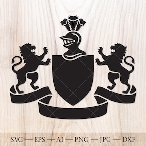 Family crest SVG template. Coat of arms SVG. Shield with lions, helmet and ribbon banner SVG. Crest design template, crest clipart
