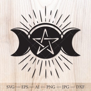 Triple Moon Pentagram SVG, Triple moon goddess svg, Wiccan moon svg, Mystical pagan SVG for Cricut, Silhouette. Witchcraft svg