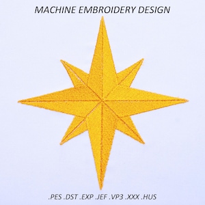 May include: A machine embroidery design featuring a golden eight-pointed star on a white backdrop. The star is finely stitched with a textured finish. The text "MACHINE EMBROIDERY DESIGN" is above the star. File extensions are below.