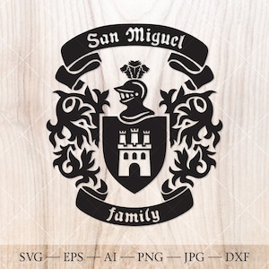 Stemma della famiglia San Miguel. Stemma svg. Scudo araldico con fortezza e torri, stendardi a nastro SVG.