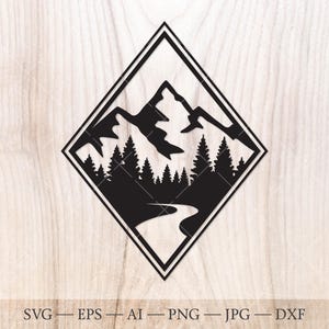 Mountain river and forest landscape scene SVG Cut File. Mountains svg, Forest svg. Outdoors svg