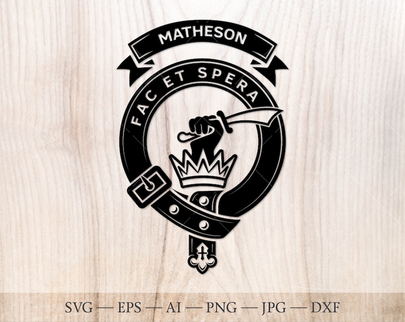 May include: Black and white illustration of a Scottish clan crest with the text "MATHESON" and "FACET SPERA" around the crest.