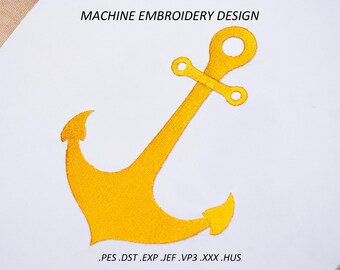 Peut inclure: Motif de broderie machine d'une ancre jaune sur fond blanc. L'ancre, symbole nautique, présente une base incurvée et un anneau en haut. Le texte "MACHINE EMBROIDERY DESIGN" est au-dessus de l'ancre.