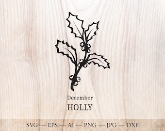 May include: Black and white silhouette of a holly sprig with berries. The text "December Holly" is below the image.
