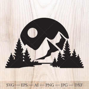 Mountain river and forest night landscape scene SVG Cut File. Mountains svg, Forest svg. Outdoors svg